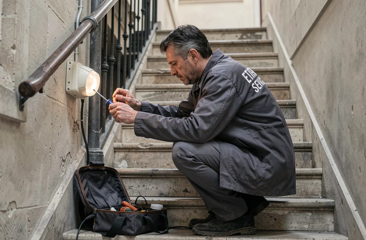 Électricien Etienne Services Électricité réparant un bloc de secours dans une cage d'escalier parisienne