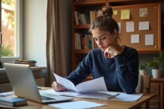 Étudiante comparant des brochures de fac et de BTS dans sa chambre d'étudiant dans le Var