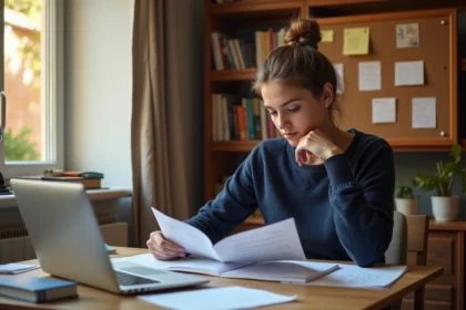 Étudiante comparant des brochures de fac et de BTS dans sa chambre d'étudiant dans le Var