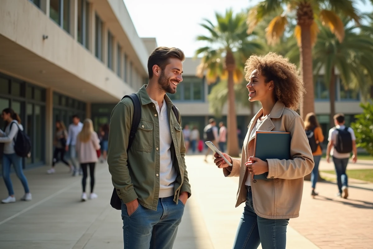 Deux étudiants discutant de leur orientation entre université et BTS devant un campus dans le Var