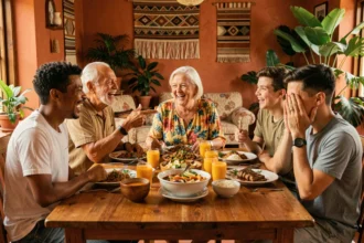 Famille créole multigénérationnelle riant ensemble autour d'un repas traditionnel, illustrant les dynamiques culturelles et langagières antillaises