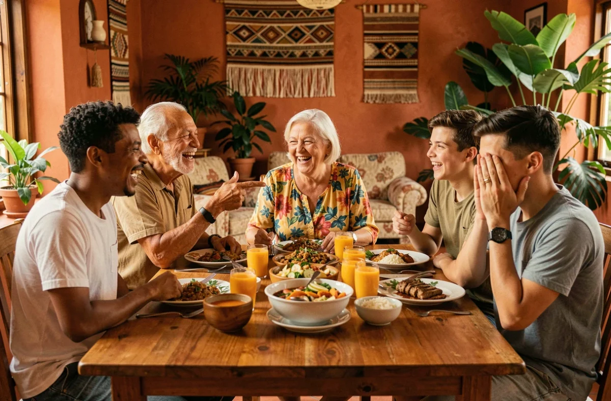 Famille créole multigénérationnelle riant ensemble autour d'un repas traditionnel, illustrant les dynamiques culturelles et langagières antillaises