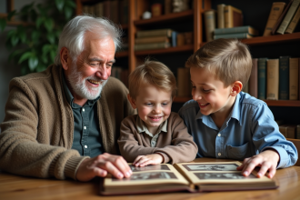 Trois générations de famille souriantes autour d'un album photo