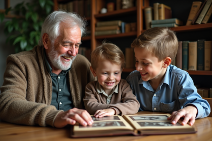Trois générations de famille souriantes autour d'un album photo