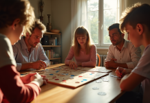 Famille jouant au Rummikub autour d'une table en lumière naturelle