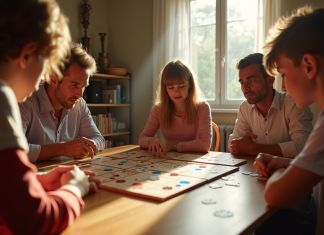 Les erreurs courantes à éviter en jouant au Rummikub Famille jouant au Rummikub autour d'une table en lumière naturelle