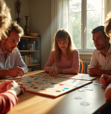 Les erreurs courantes à éviter en jouant au Rummikub Famille jouant au Rummikub autour d'une table en lumière naturelle