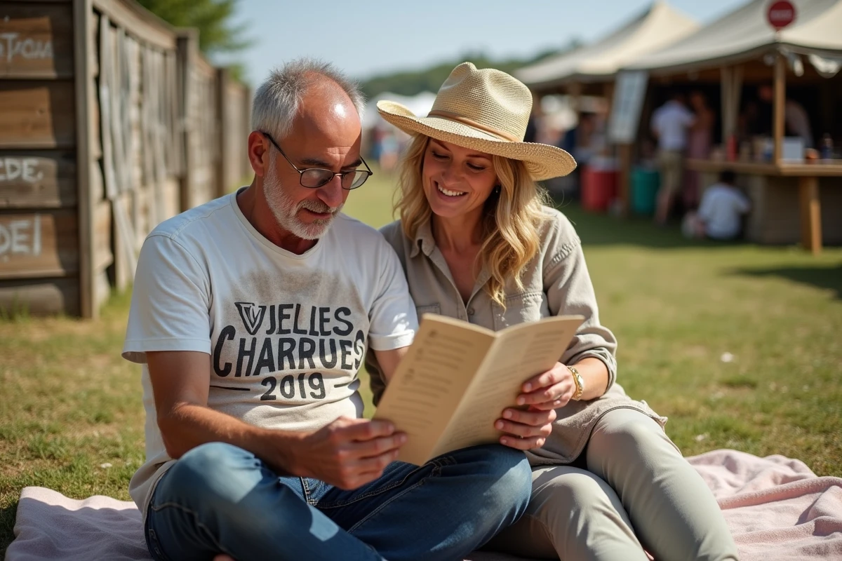 Couple de fans fidèles des Vieilles Charrues consultant le programme du festival assis sur une pelouse entre deux concerts