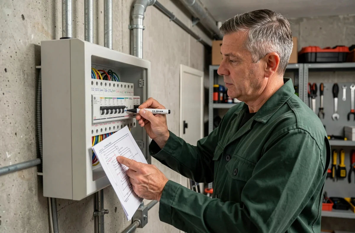 Électricien Fdp Électricité étiquetant les disjoncteurs dans un local technique d'appartement parisien