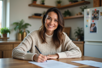 Femme souriante remplissant un dossier d'adoption à la maison