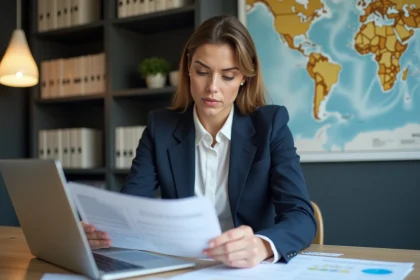 Femme d'affaires en bureau organisé et documents internationaux