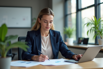 Femme d'affaires en réunion dans un bureau lumineux
