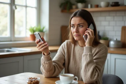 Femme agacée recevant un appel téléphonique indésirable de démarchage dans sa cuisine