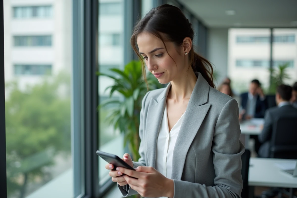 Femme en open space interrompue par un appel de démarchage téléphonique au travail