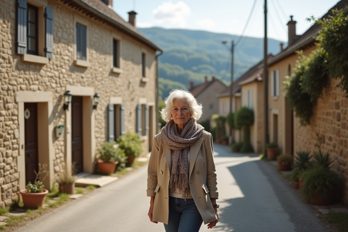 Femme âgée se promenant dans un village rural français