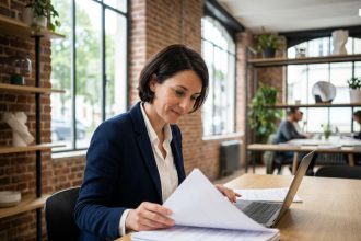 Femme en blazer bleu dans un espace coworking à Bourges