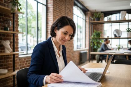 Femme en blazer bleu dans un espace coworking à Bourges