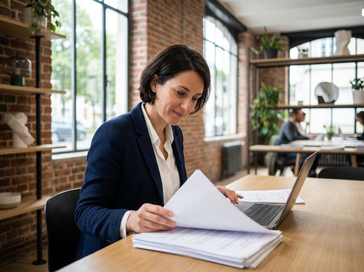 Femme en blazer bleu dans un espace coworking à Bourges