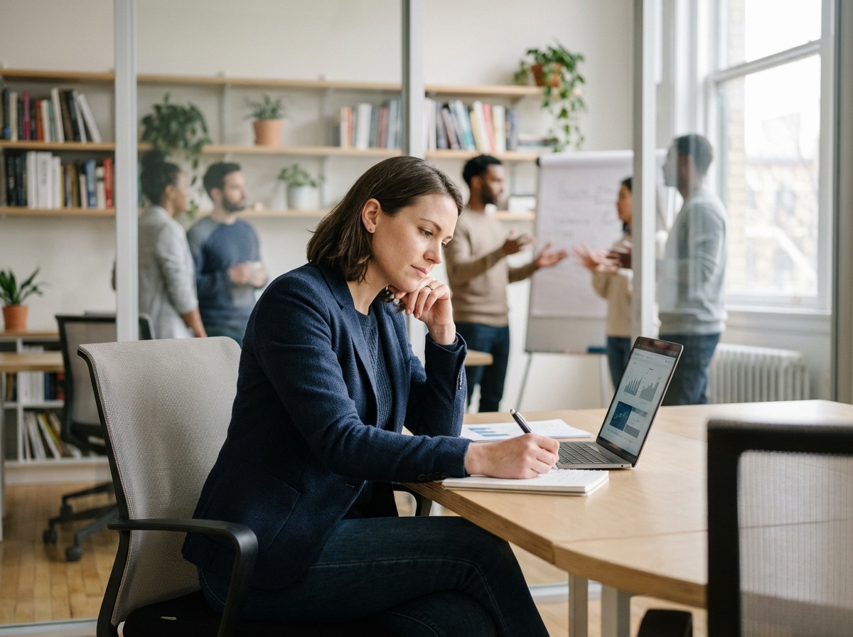 Femme en tenue smartcasual au bureau moderne