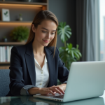 Rival d’Amazon : qui surpasse Amazon ? Trouvez la réponse ici Femme confiante au bureau avec deux ordinateurs portables