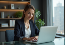 Femme confiante au bureau avec deux ordinateurs portables