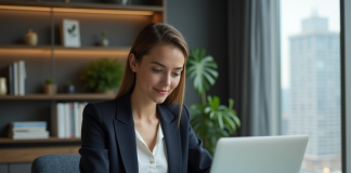 Rival d’Amazon : qui surpasse Amazon ? Trouvez la réponse ici Femme confiante au bureau avec deux ordinateurs portables