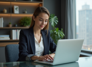 Rival d’Amazon : qui surpasse Amazon ? Trouvez la réponse ici Femme confiante au bureau avec deux ordinateurs portables