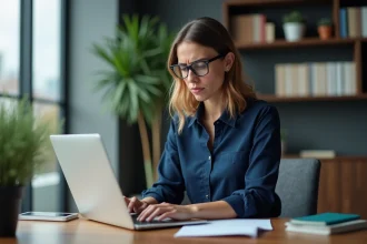 Femme professionnelle concentrée à son bureau à domicile