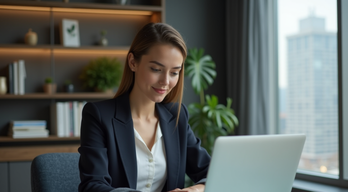 Rival d’Amazon : qui surpasse Amazon ? Trouvez la réponse ici Femme confiante au bureau avec deux ordinateurs portables