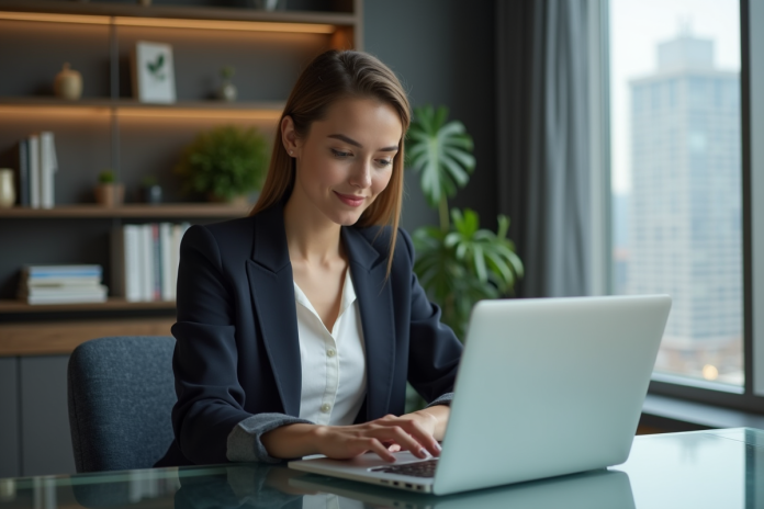 Femme confiante au bureau avec deux ordinateurs portables