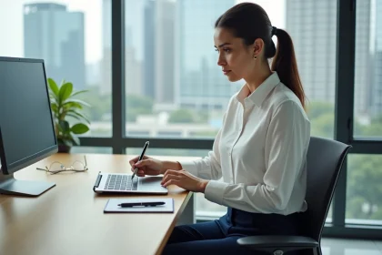 Femme professionnelle utilisant une tablette dans un bureau moderne