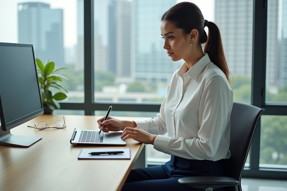 Femme professionnelle utilisant une tablette dans un bureau moderne