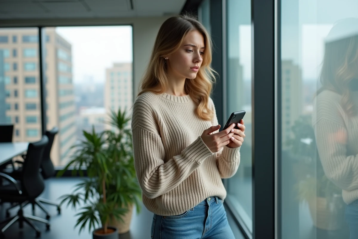 Jeune femme au bureau regardant son téléphone avec souci