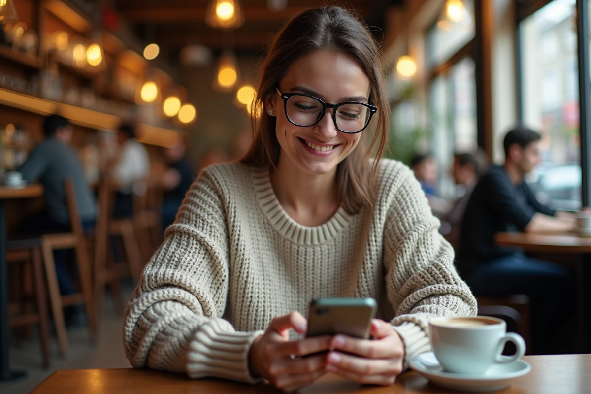 Femme lisant manga sur smartphone dans un café animé