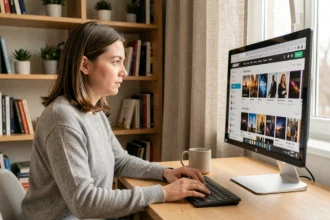 Femme consultant un catalogue numérique en 2026 sur un grand écran dans un bureau moderne à domicile