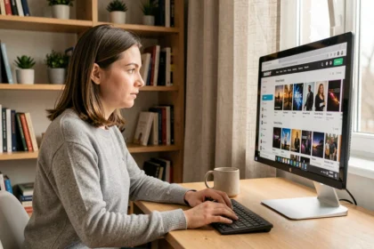 Femme consultant un catalogue numérique en 2026 sur un grand écran dans un bureau moderne à domicile