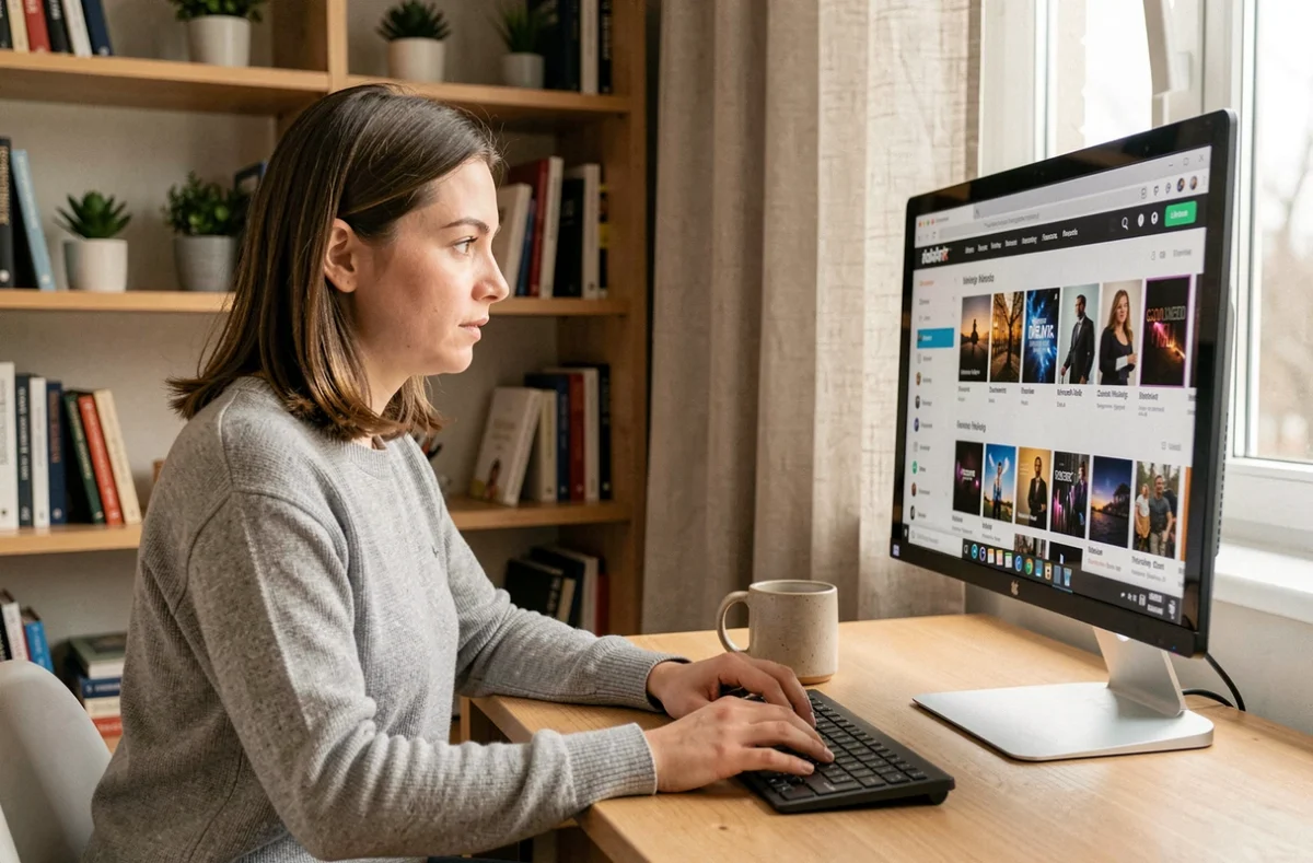 Femme consultant un catalogue numérique en 2026 sur un grand écran dans un bureau moderne à domicile