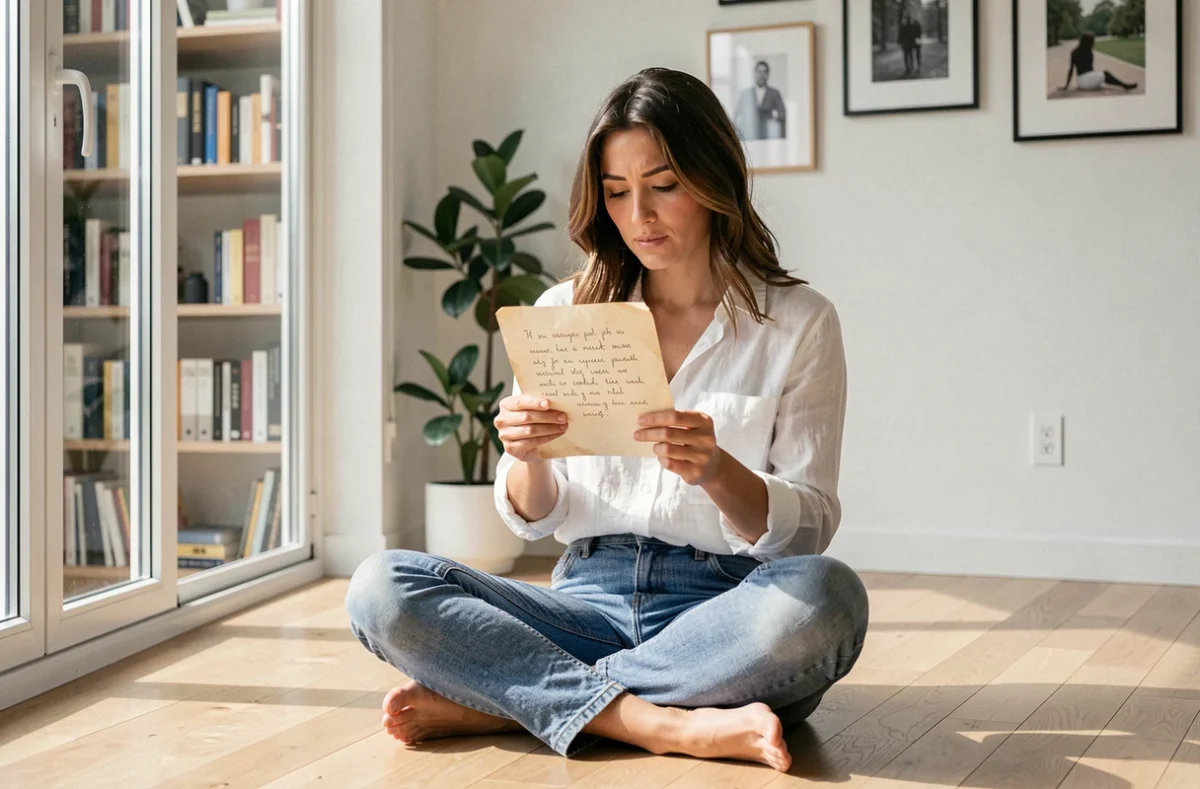 Femme lisant une citation d'amitié manuscrite dans un appartement lumineux et minimaliste