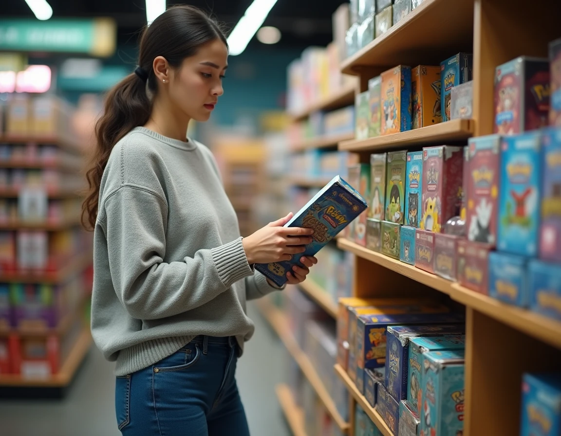 Femme comparant des displays Pokémon dans un magasin de jeux spécialisé avec des rayons bien organisés