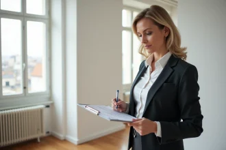 Femme d'affaires examinant des documents d'efficacite energetique