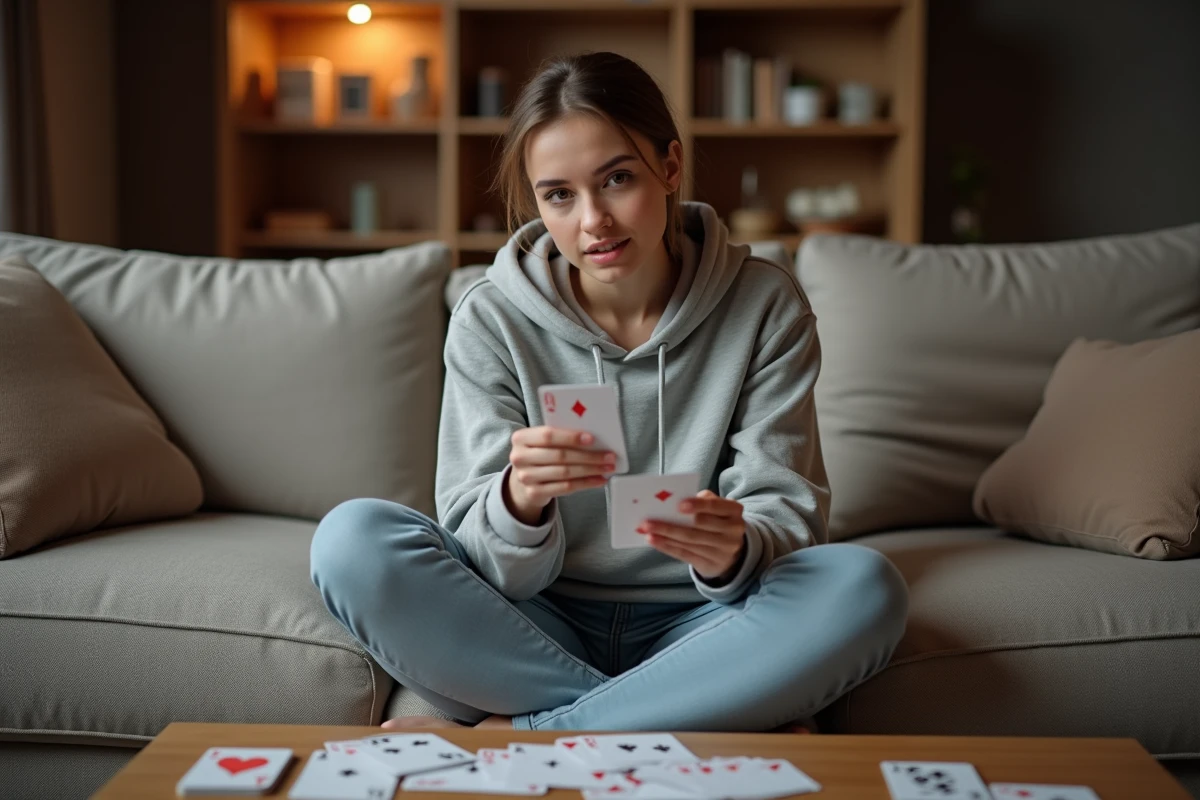 Jeune femme découvrant les règles de la crapette avec des cartes à jouer et un livret de règles sur un canapé