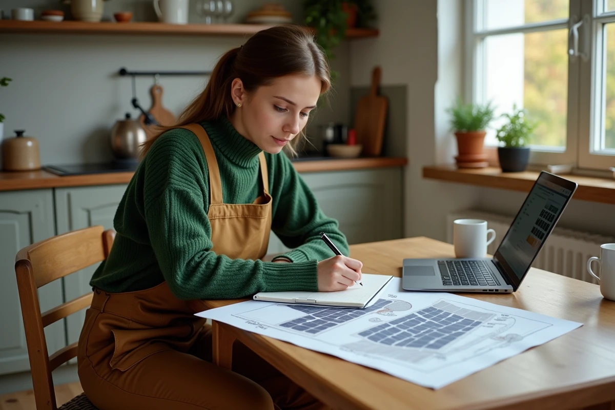 Femme prenant des notes sur un diagramme solaire en cuisine