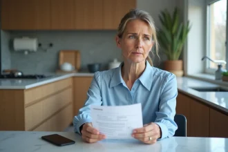 Femme d'âge moyen regardant une facture téléphonique dans la cuisine