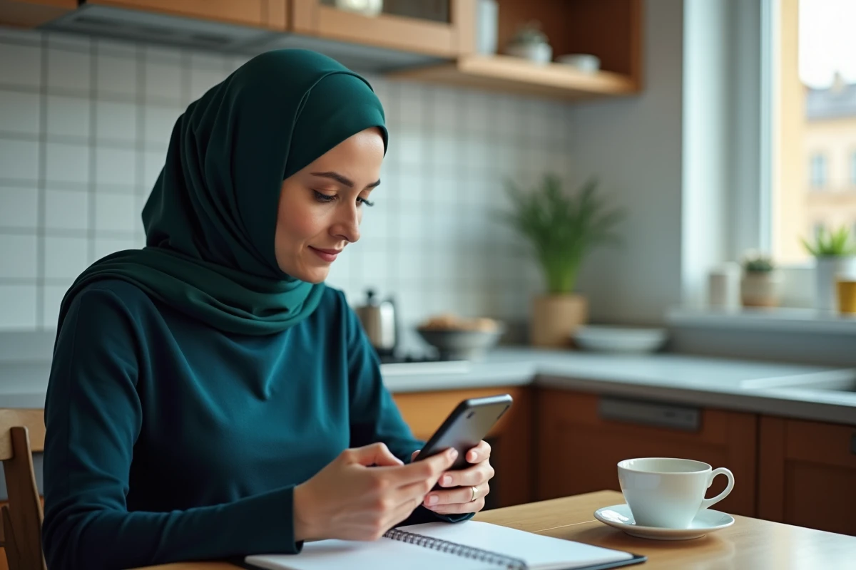 Femme voilée consultant les horaires de prière sur son smartphone dans une cuisine moderne d'appartement urbain