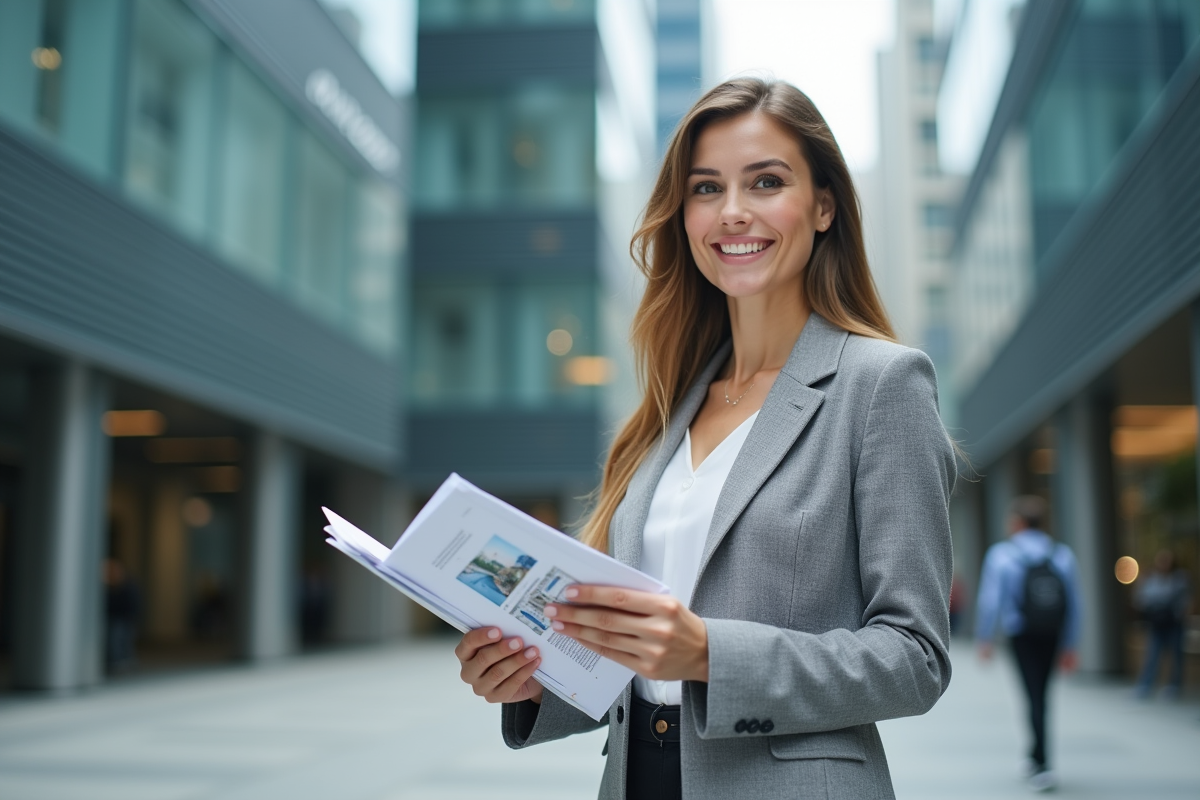 Femme professionnelle en extérieur avec brochures immobilières