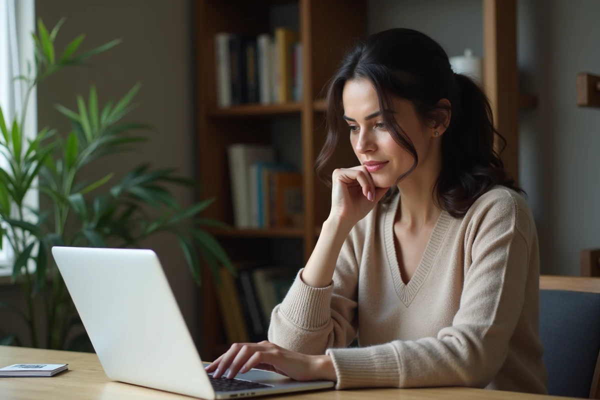 Femme indépendante dans la quarantaine évaluant les avantages et limites d'un site de rencontre cougar sur son ordinateur à domicile