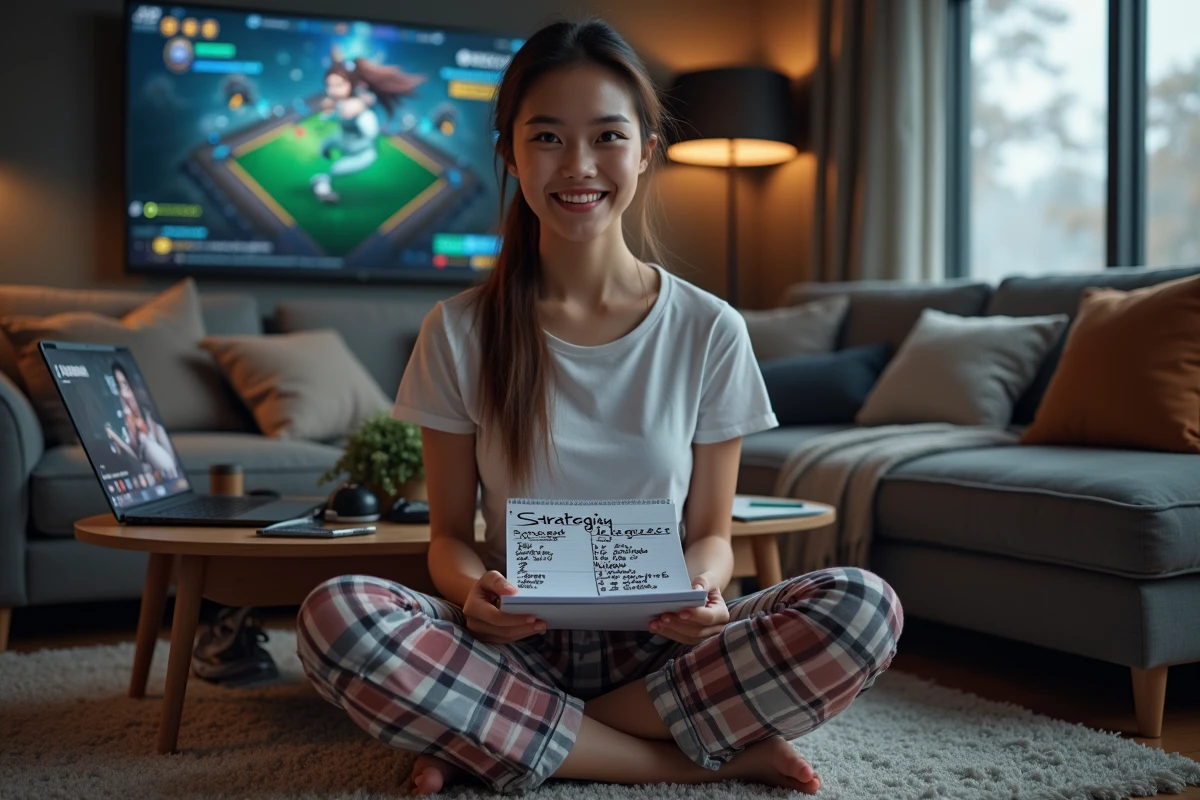 Jeune femme assise sur un tapis de salon avec notes et jeux vidéo