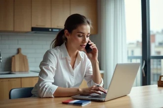 Femme avec smartphone et passeport dans une cuisine moderne