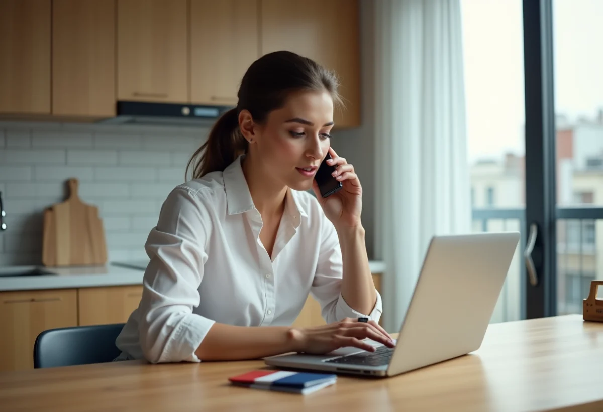 Femme avec smartphone et passeport dans une cuisine moderne