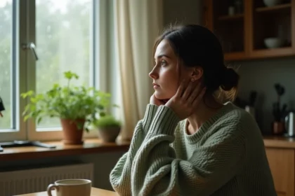 Femme contemplative assise seule dans une cuisine, symbolisant la prise de conscience et le début de la libération après une relation toxique avec un pervers narcissique
